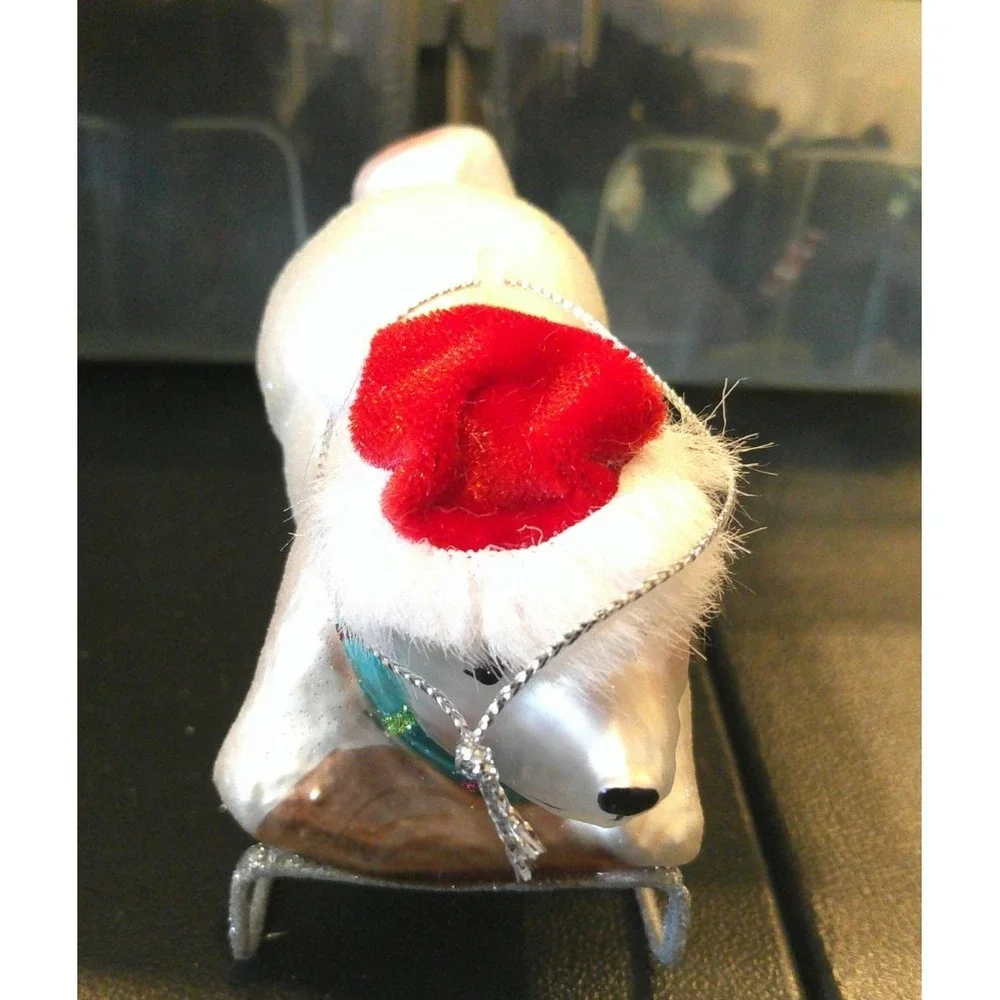 White Polar Bear Blue Scarf Sledding Glass Christmas Tree Holiday Ornament